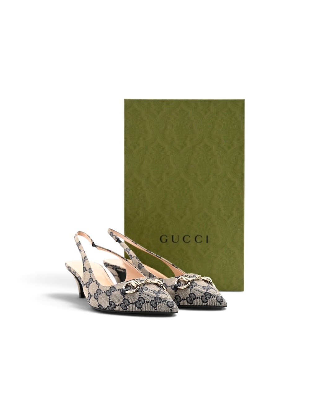 NWT Gucci Women's Slingback Pump with Horsebit Beige Blue GG Canvas Heel 37.5 - Picture 6 of 10